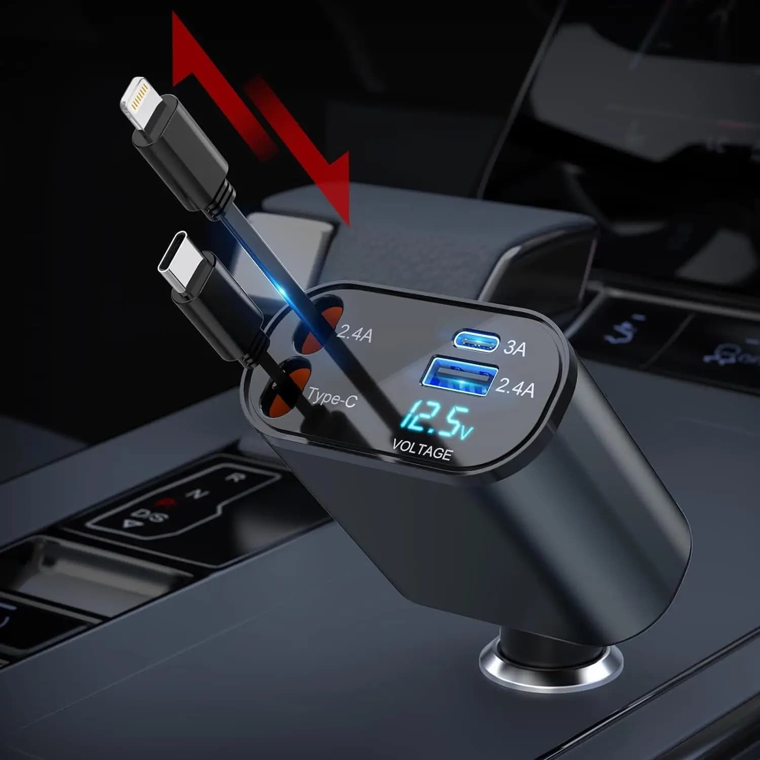 Multi Retractable 100W USB Car Fast Charger,Retractable Cables (2.6FT) Type C 2 Charging Ports for iPhone 15/14/13/12 Samsung