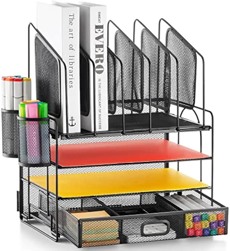 Organizer da scrivania in rete a 4 livelli con cassetto, 5 portadocumenti e portapenne per riporre l'home office