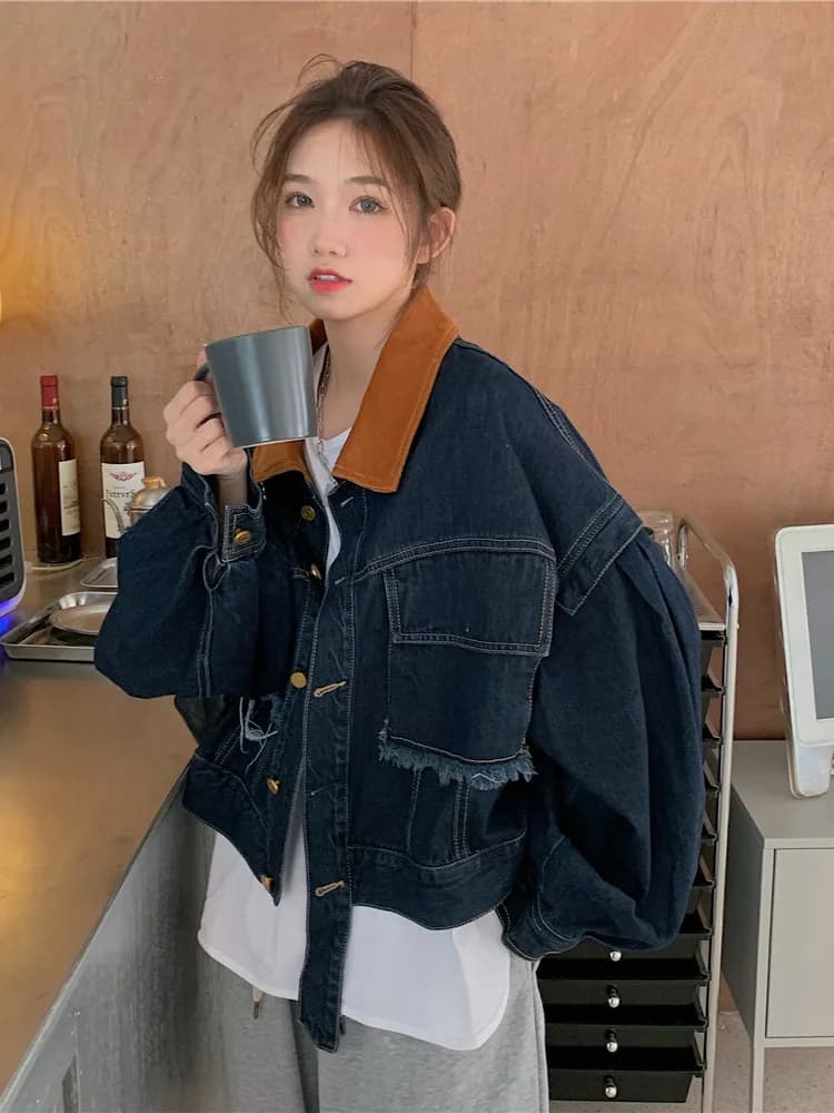 Retro Style Women's Denim Jacket Short Loose Fit Autumn Winter Coat with Corduroy Collar Versatile plus Size Neck Button up