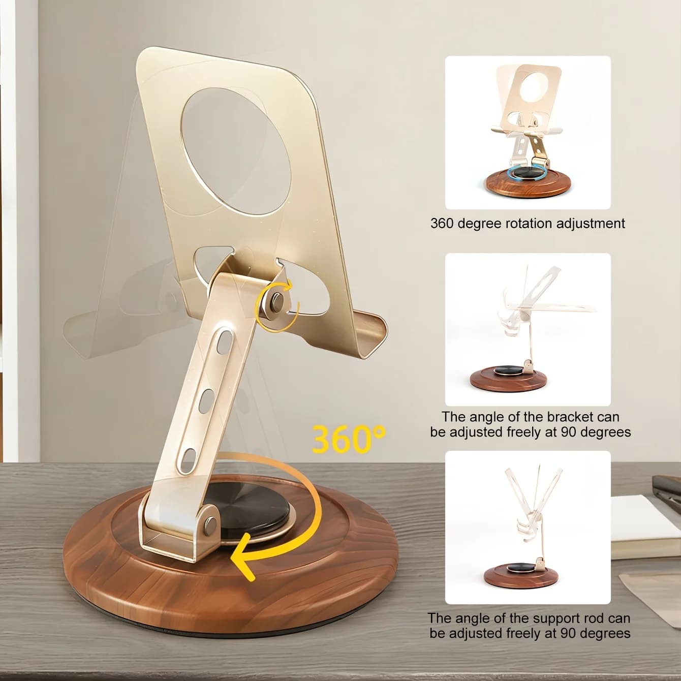 Universal Phone Tablet Stand Holder 360 Degree Rotation Adjustable Angle Desktop Metal Wooden Base For Office Home Desk Rack