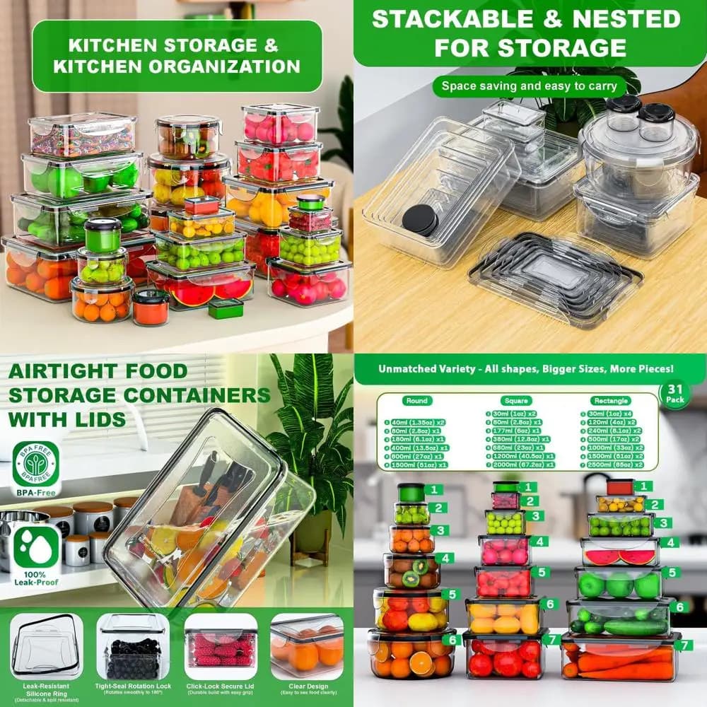 Contenitori ermetici per alimenti di grandi dimensioni da 62 pezzi - 656 OZ, senza BPA, riutilizzabili per la cucina e la preparazione dei pasti
