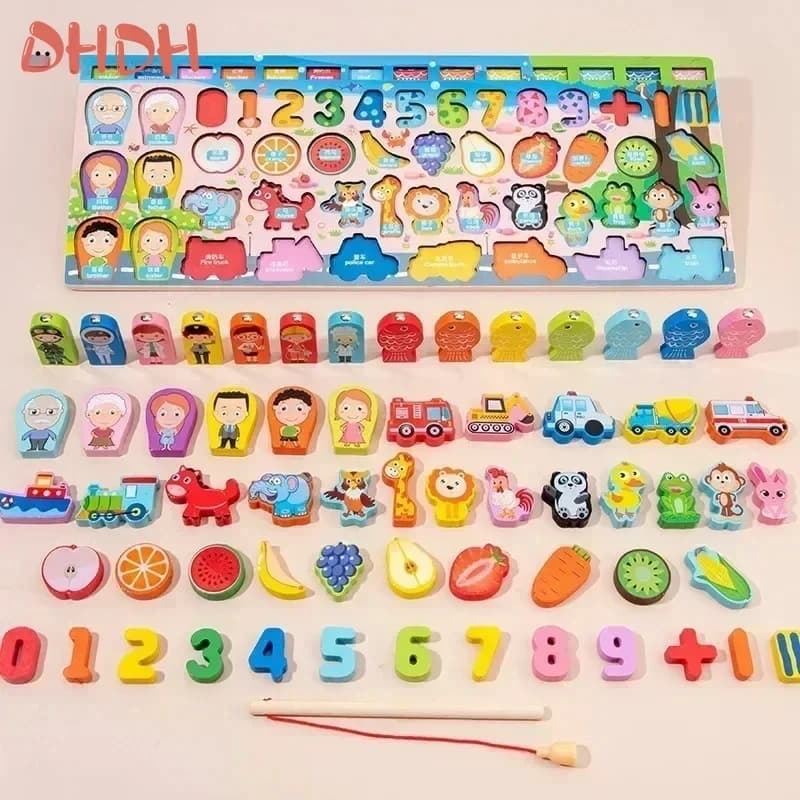 Giocattoli educativi in legno Montessori Bambini in età prescolare Camion dei pompieri Tavola occupata Giochi di pesca matematica Giocattoli precoci per bambini Regali di Natale