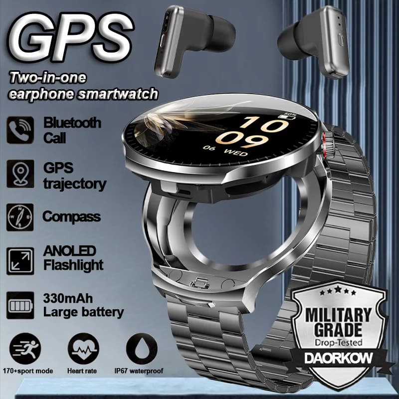 Smartwatch DAORKOW with TWS 2-in-1 speakers, Bluetooth calls, Cardiacal Frequency Monitoring and Blood Pressure, Music Play Control