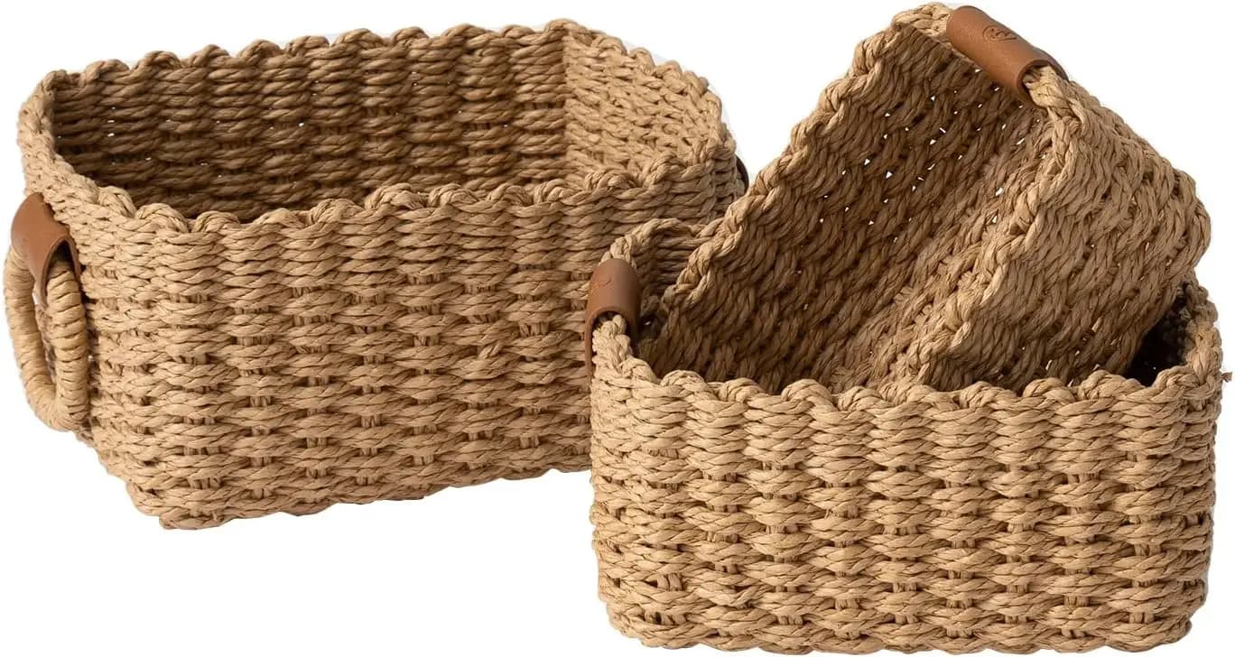 Small Wicker Baskets for Organizing, Recycled Paper Rope Storage Basket Container Bins for Shelves Bathroom Cupboards Drawer, De