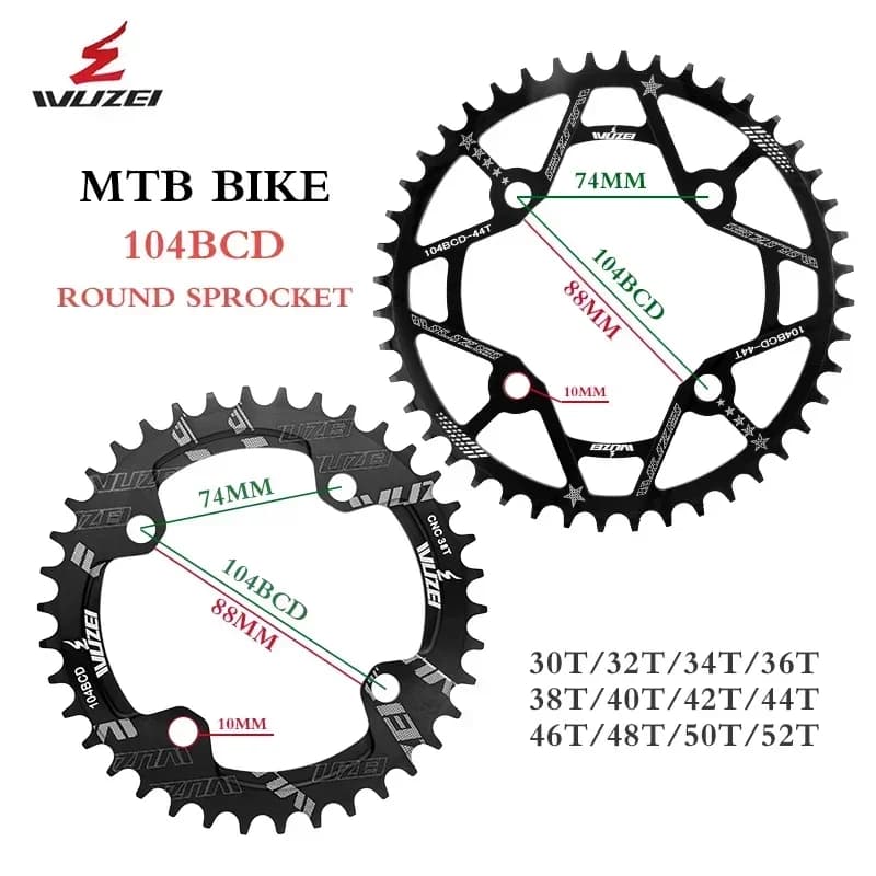 WUZEI MTB Bike 104BCD ruota dentata stretta ampia forma rotonda 30/32/34/36/38/40/42/44/46/48/50/52T corona per bicicletta piastra singola