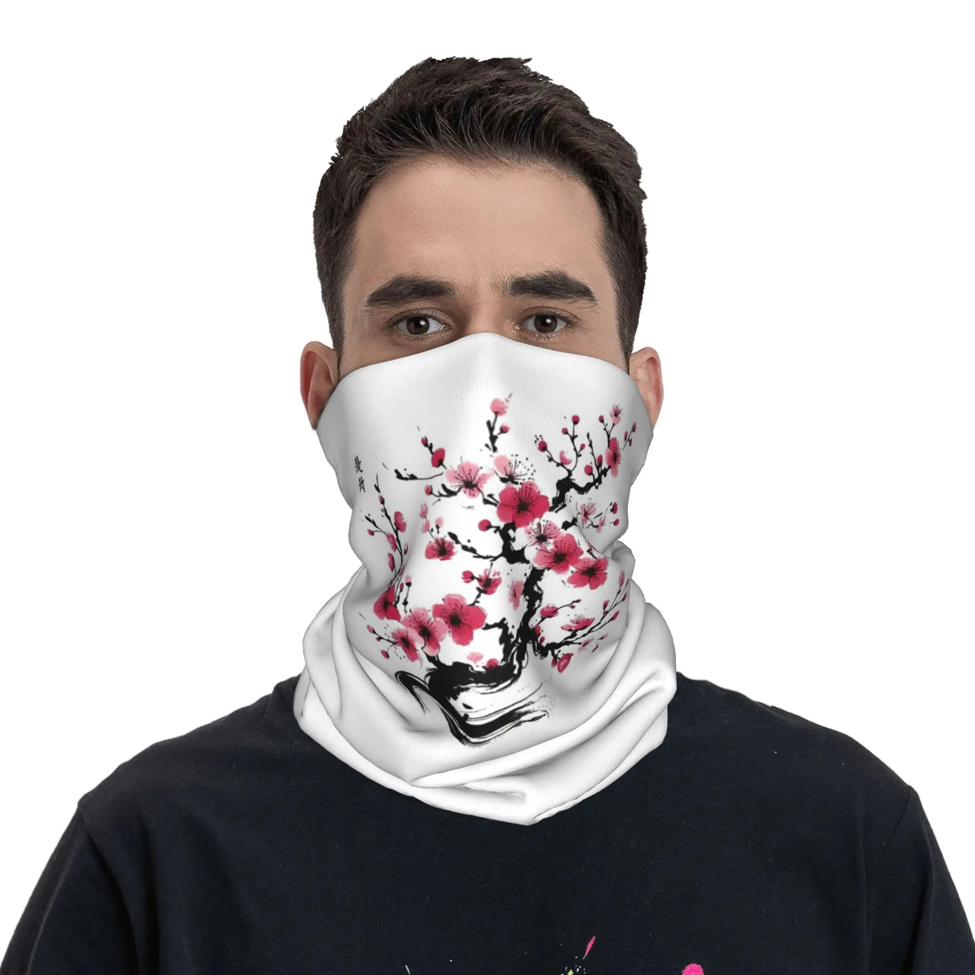 Bandana with floral print of Sakura cherry blossoms, neck warmer, face scarf, cycling pass for man, woman, adult, for all seasons
