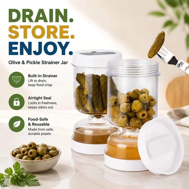 Olive and Pickle Strainer Jar, Airtight Food Storage Container with Built-In Strainer, Reusable Food Contact Safe Plastic