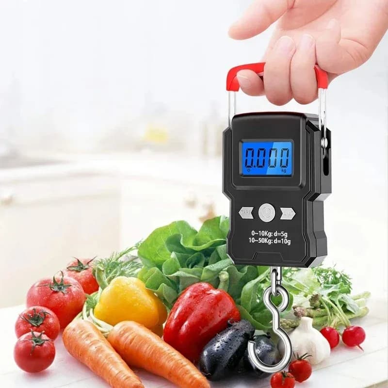 Bilancia digitale per bagagli sospesi Display LCD da 50 kg Bilancia elettronica da cucina con gancio per pesare pesci da viaggio