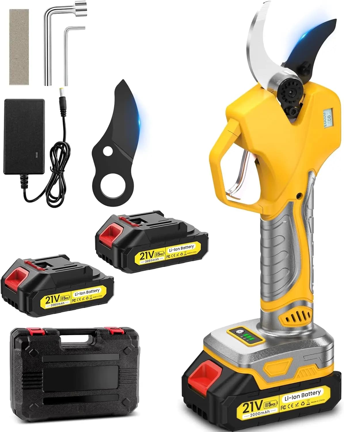 Forbici Elettriche per Potatura, Taglio 1.5-2 Pollici, 2 Batterie 21V 2000mAh, Senza Fili con Display LCD, Motore Brushless 1000W per Potatura Alberi