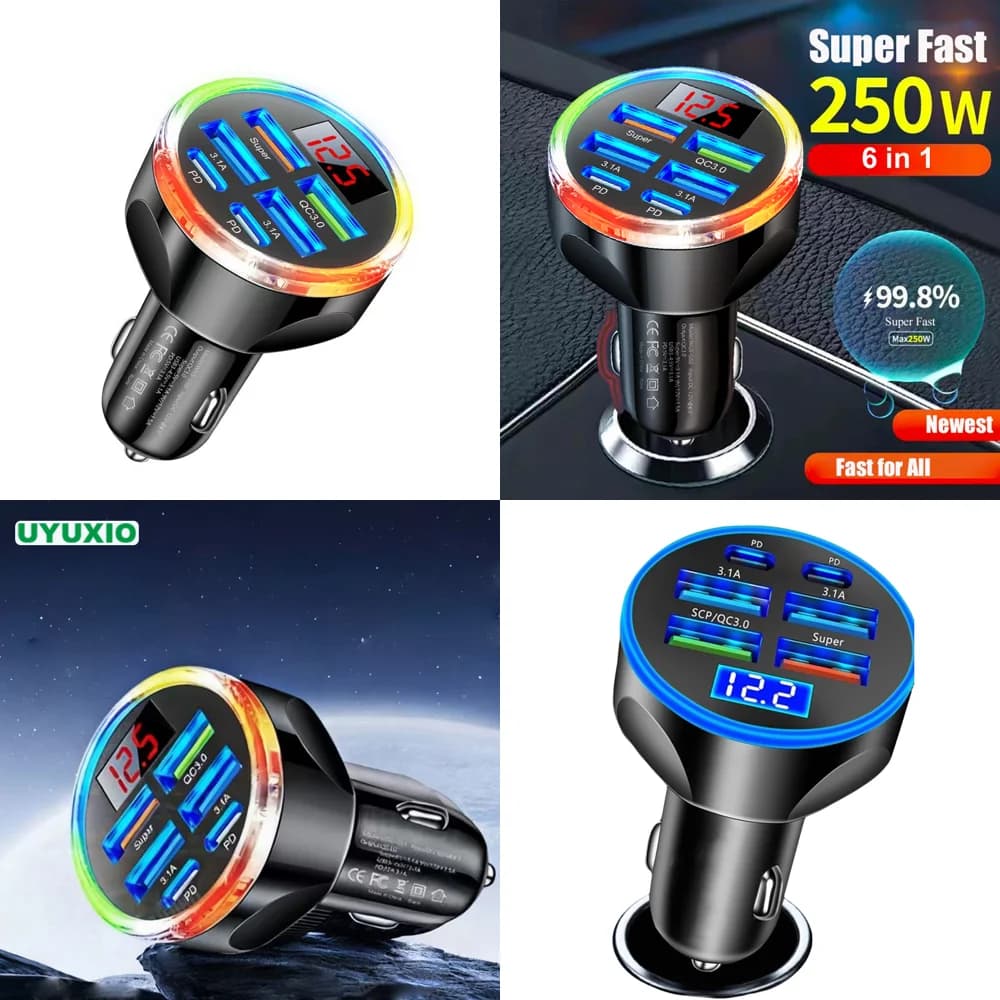 Caricabatterie USB per Auto Multiporta di Tendenza con Display di Tensione, 2 PD e 4 USB A, Ricarica Super Veloce con Voltmetro, Prodotti in Dropshipping