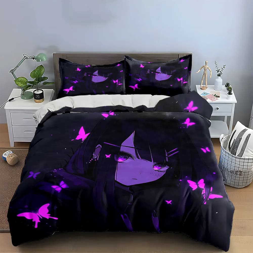 Set di biancheria da letto "Anime Butterfly Glow Decor Set" con 1 copripiumino e 2 federe, singolo, matrimoniale, king, queen, idea regalo