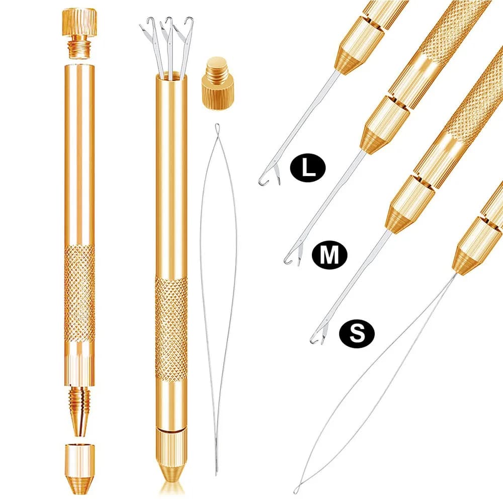 Kit di Strumenti 4-in-1 per Extension Capelli: Ago ad Anello, Uncinetto, Supporto in Alluminio e Ago con Gancio