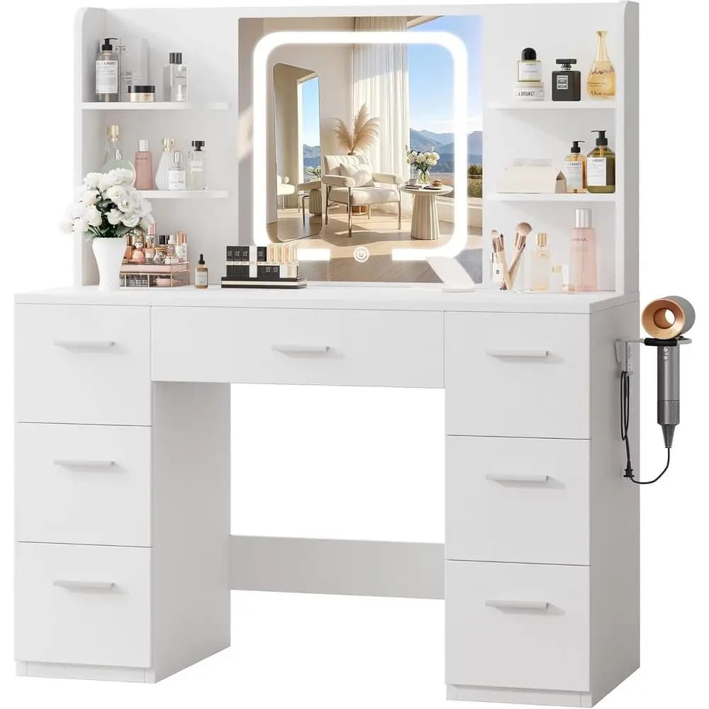 Large 43 Makeup Vanity Desk with LED Mirror, 7 Drawers, Storage Shelves & Hairdryer Holder, White