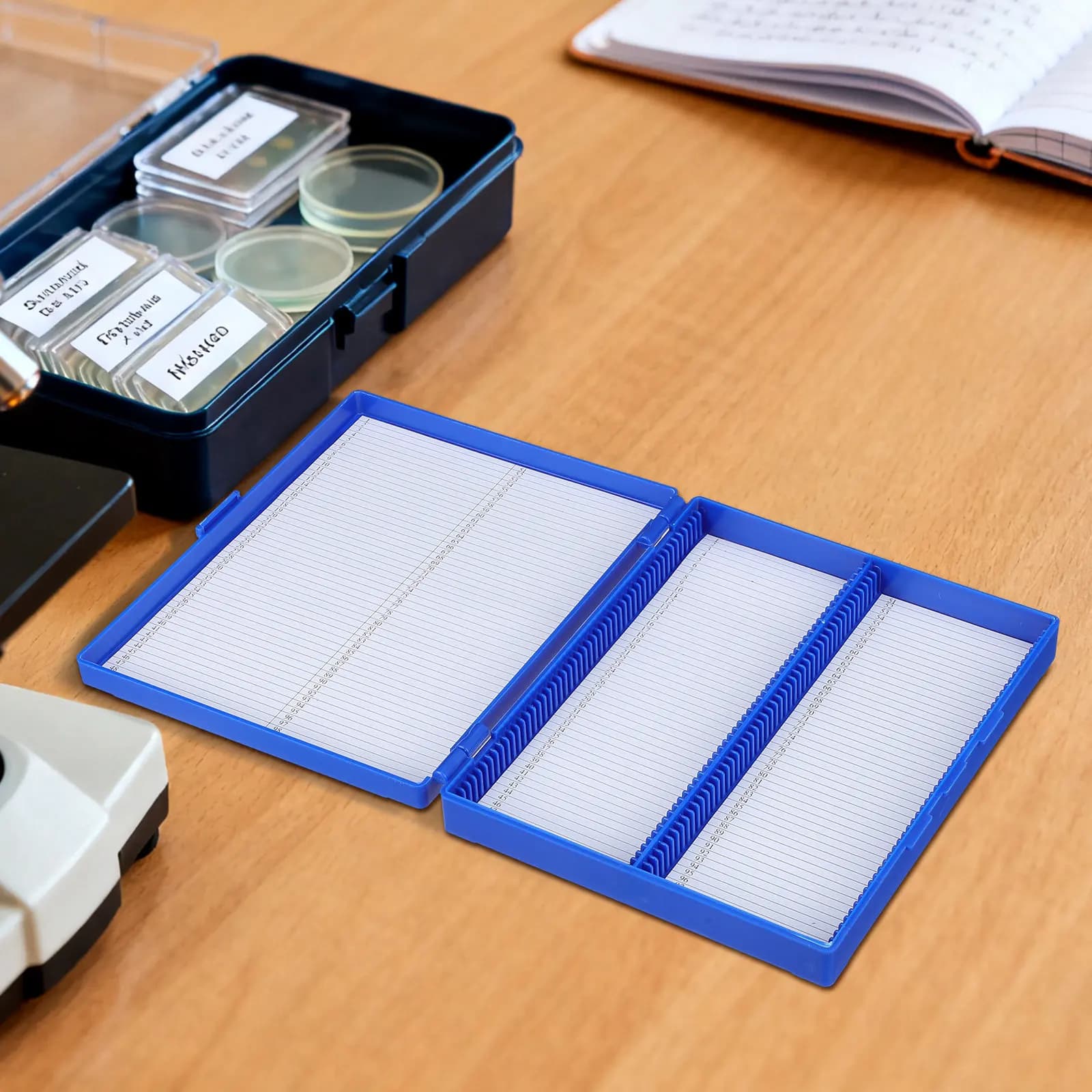Organizzatore per 100 Vetrini di Patologia in Plastica con Scomparti Numerati e Chiusura Sicura per Microscopi da Laboratorio