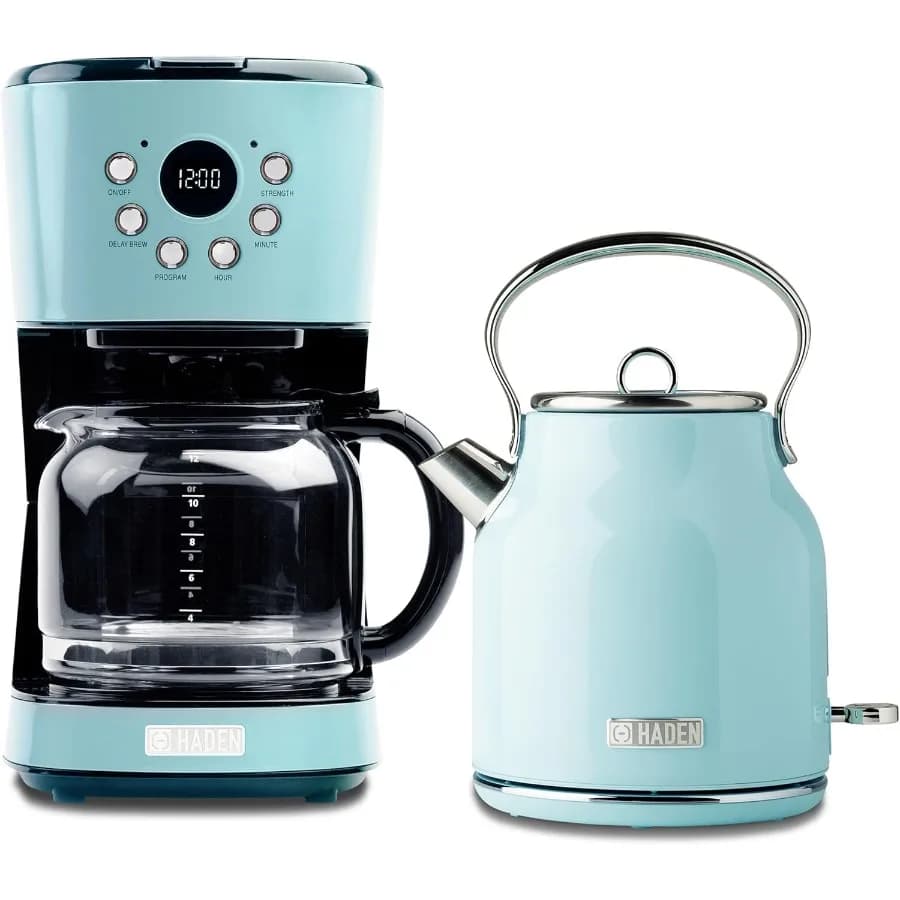 12 cup drop coffee maker with 1,7 litre Heritage electric kettle stainless steel with turquoise finish and chrome for home and office