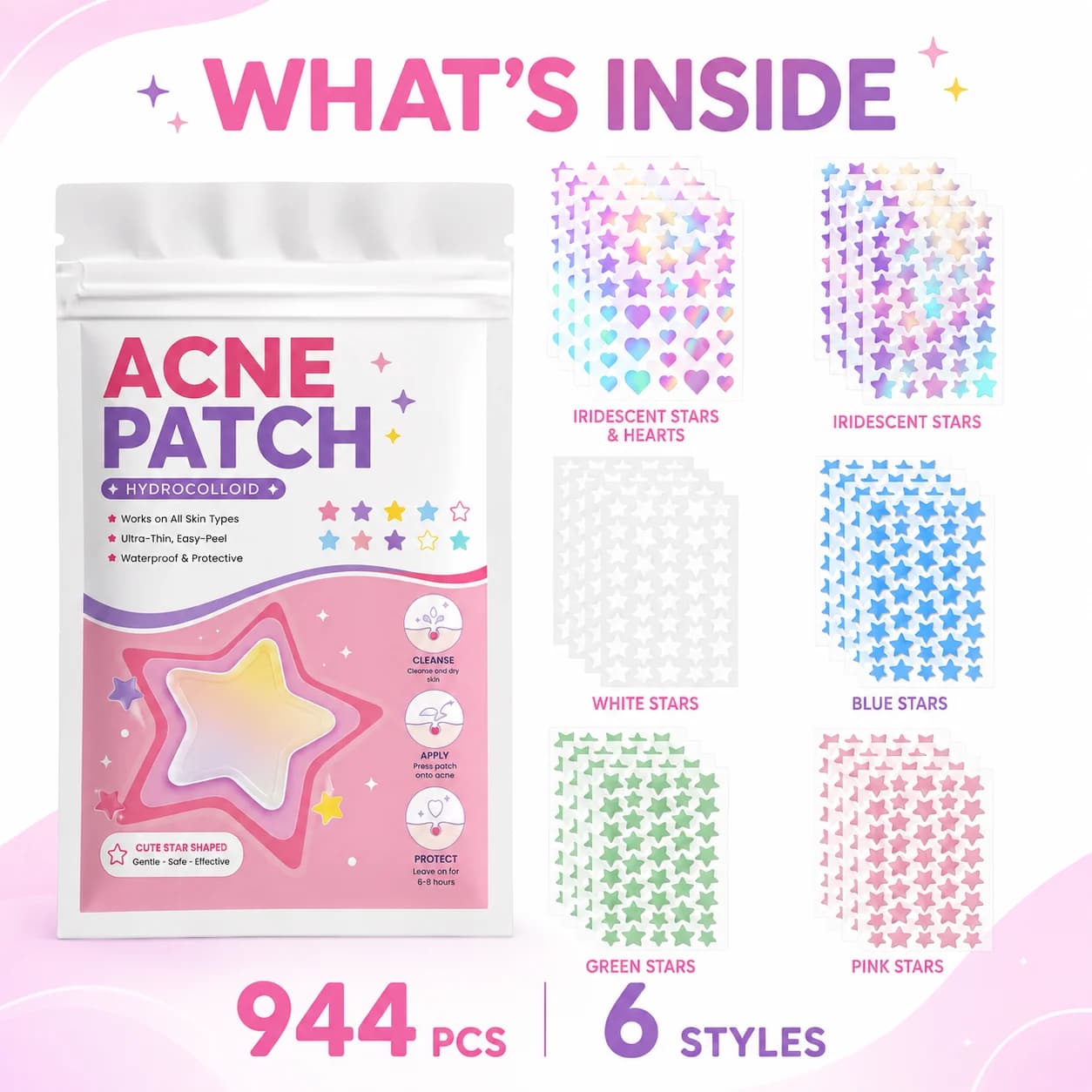 944PCS Colorful Star Pimple Patches Hydrocolloid Face Stickers Thin Waterproof Spot Covers for Daily Wear Travel Party Gifts