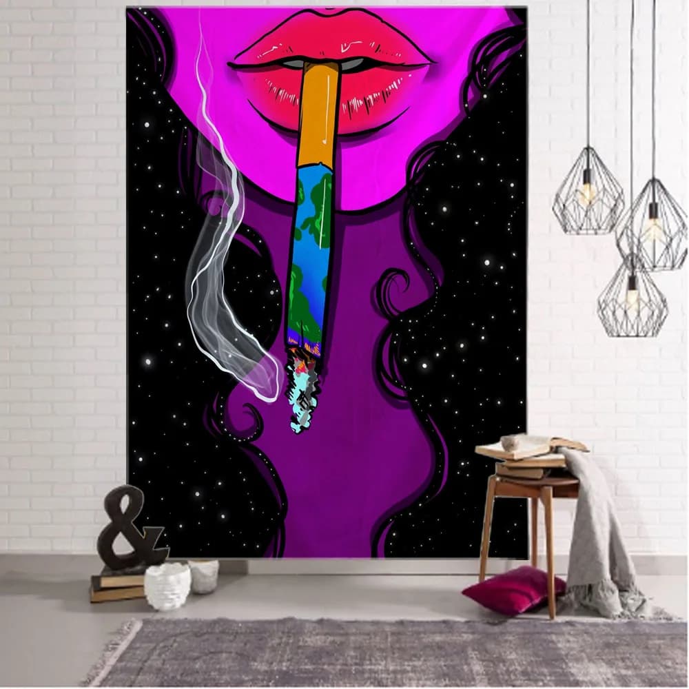Fumo psichedelico Cool Girl Art Arazzo Appeso a parete Hippie Coperta da parete Kawaii Room Decor Boho Home Dorm Decor Tappetino da yoga Lenzuola
