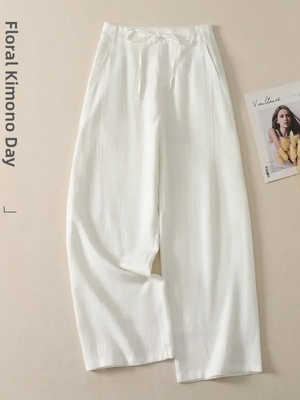 Pantaloni a Vita Alta a Gamba Larga da Donna, Estivi Casual in Lino, con Cintura, Drappeggiati, Effetto Snellente, Lunghi e Versatili, Stile Old Money