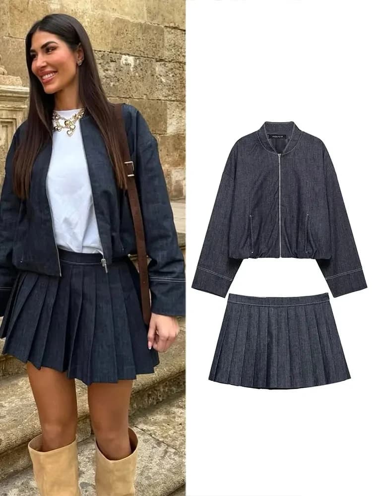 HH 2025 Giacca di jeans moda donna Giacca casual Set Minigonna a pieghe a vita alta estiva Set da 2 pezzi Streetwear da donna