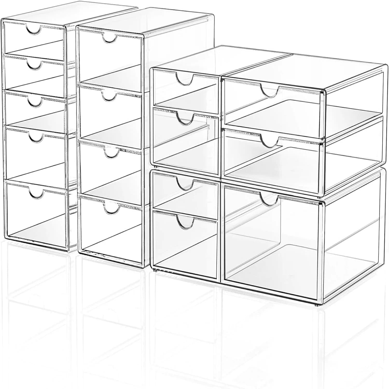 16-Drawer Acrylic Makeup Organizer with Dustproof Cover, 4 Set Stackable Storage Drawers for Cosmetics Jewelry Office Supplies, Desktop Bathroom Countertop Organizer