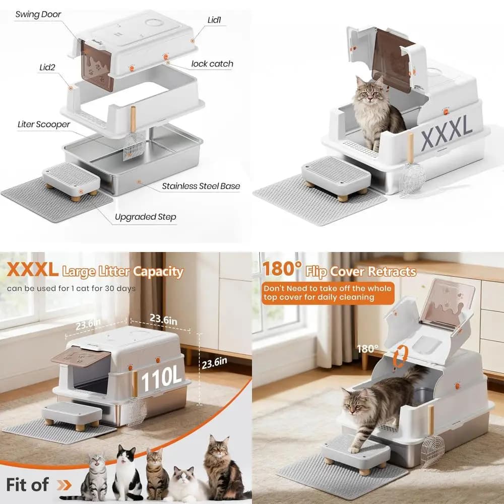 Lettiera per Gatti Extra Large in Acciaio Inox 28 con Coperchio, Paletta e Pedale, Controllo Odori, Facile da Pulire