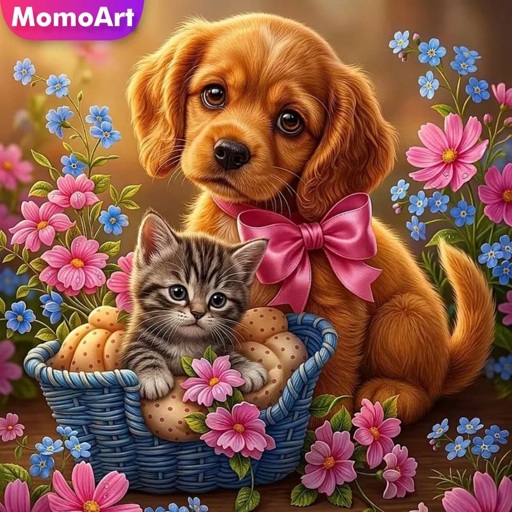 Momoart Diamond Embroidery Dog Animal DIY Rhinestones Painting Cat Full Square Round Cross Stitch Mosaic Flower Handmade Gift