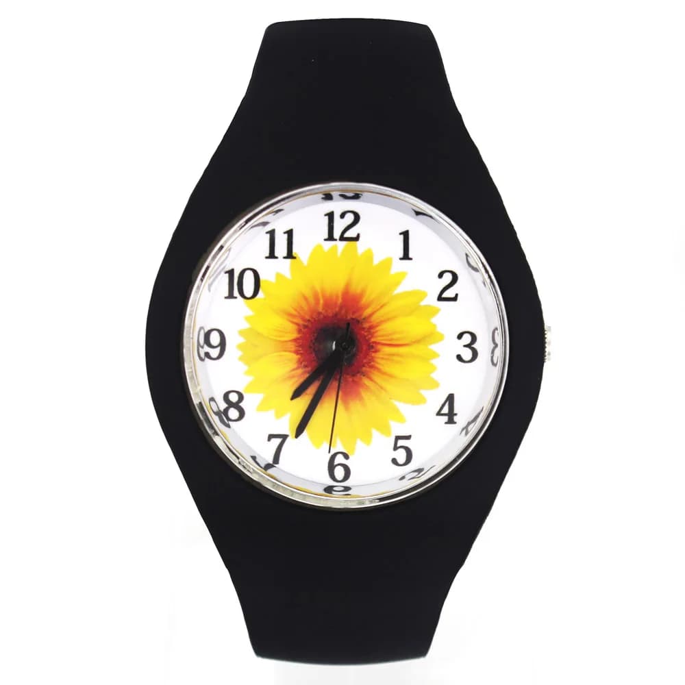 Orologio da polso al quarzo con cinturino in silicone morbido sportivo da donna con motivo girasole e fiore di sole