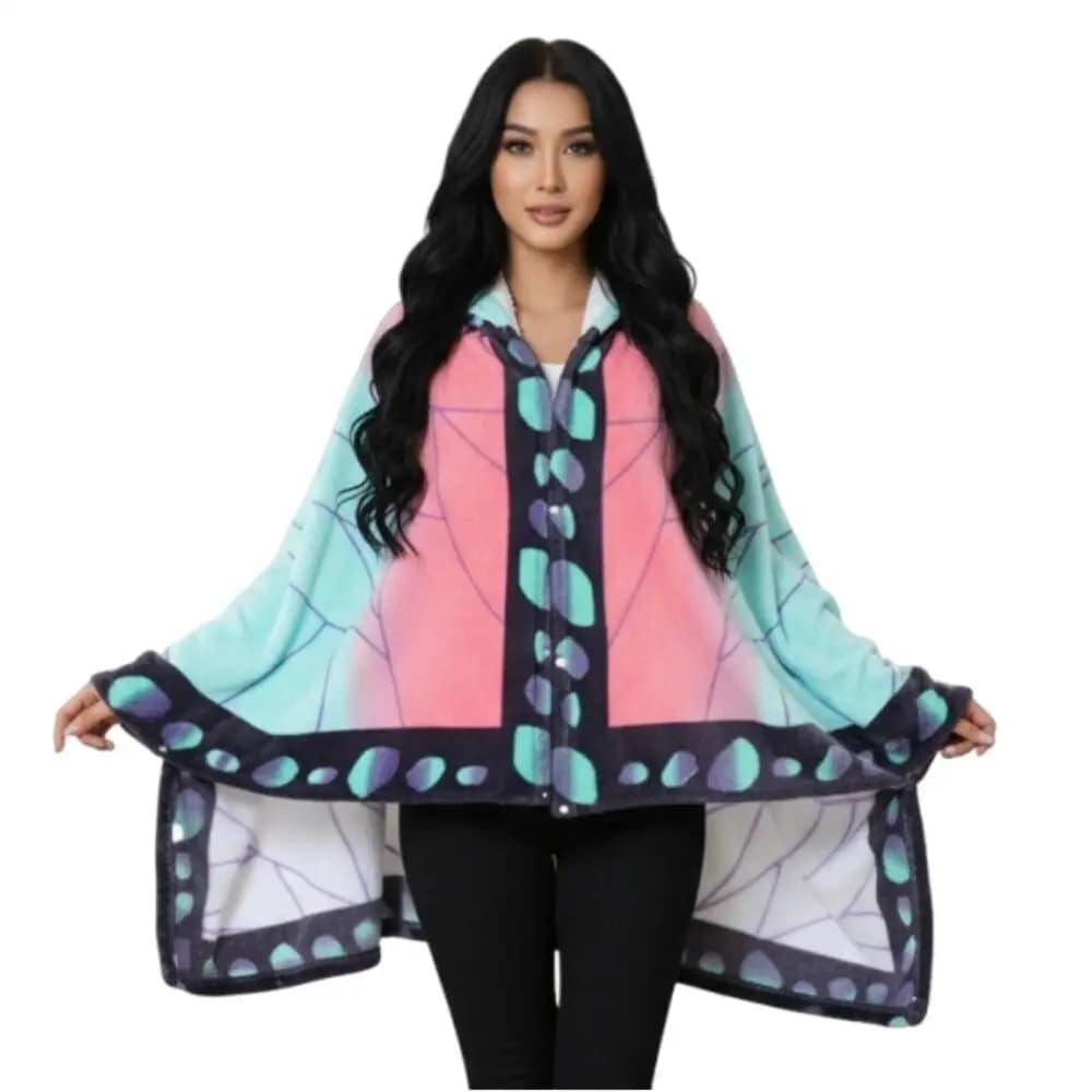 Coperta Indossabile con Cappuccio Stampa Geometrica Cartone Animato Giapponese, Morbida in Flanella, Calda e Accogliente, Poncho Leggero in Peluche per Adulti