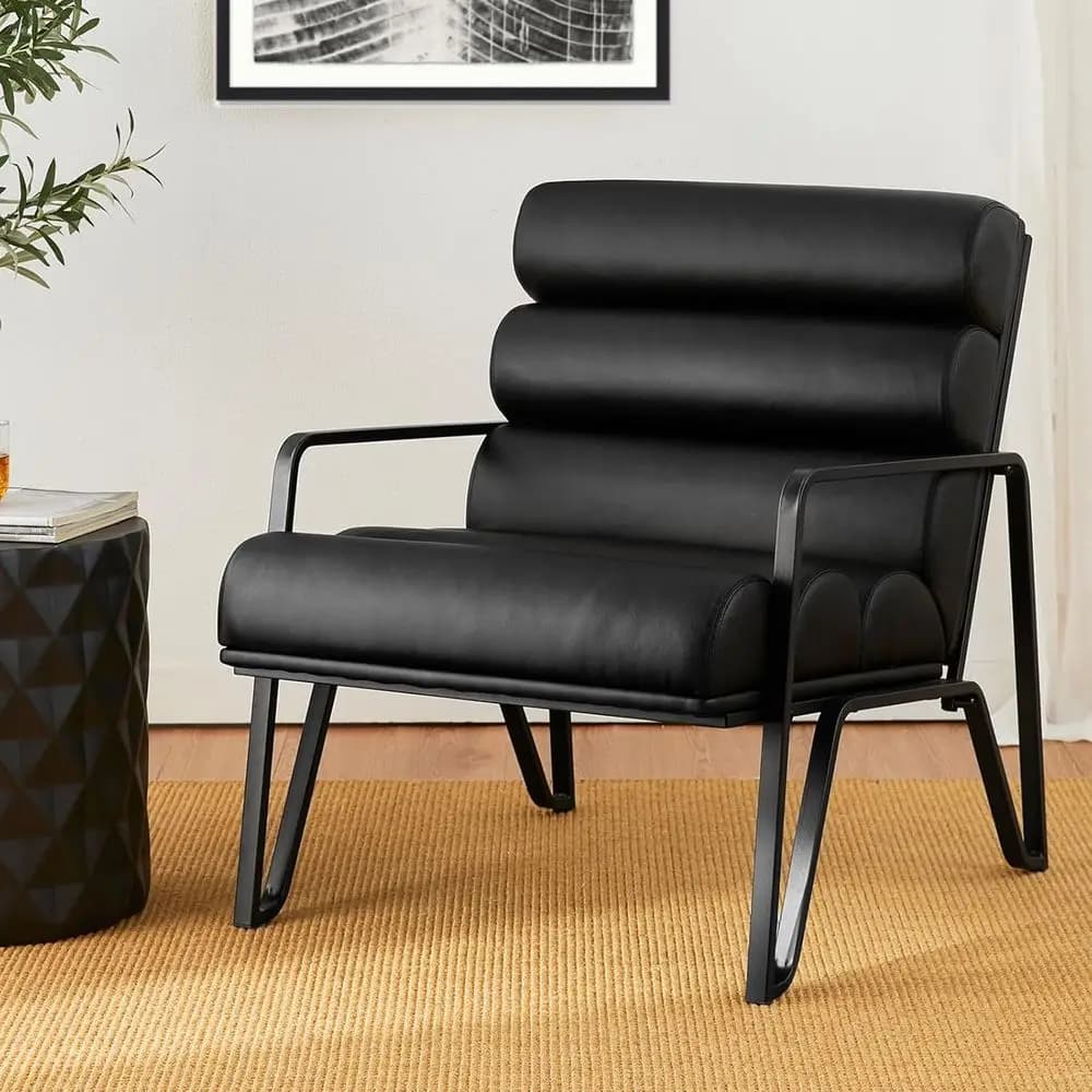 Poltrona moderna in pelle PU con gambe a V in metallo per soggiorno, ufficio o studio, nera