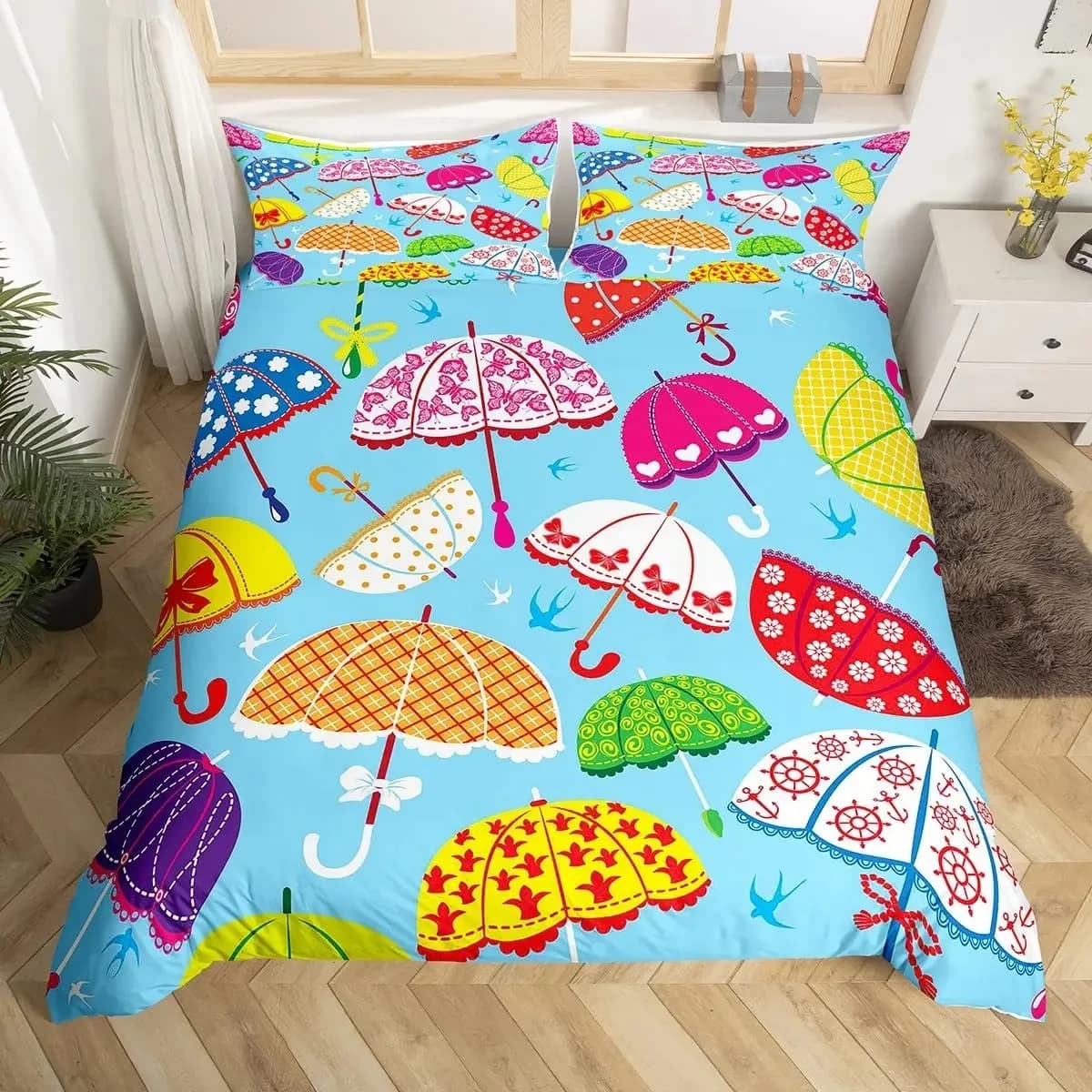 Set copripiumino con ombrello a forma di cartone animato Set di biancheria da letto con fiori di farfalla Copripiumino con ancoraggio per nave Twin King per camera Kawaii per ragazzi e ragazze
