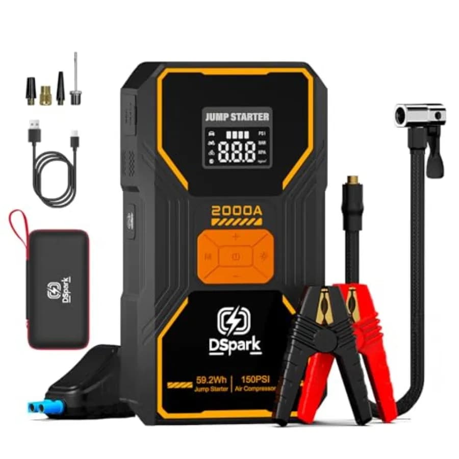 Avviatore di Emergenza Portatile con Compressore d'Aria 2000A per Veicoli a Benzina 7.0L/Diesel 6.5L, Gonfiatore Pneumatici 150 PSI