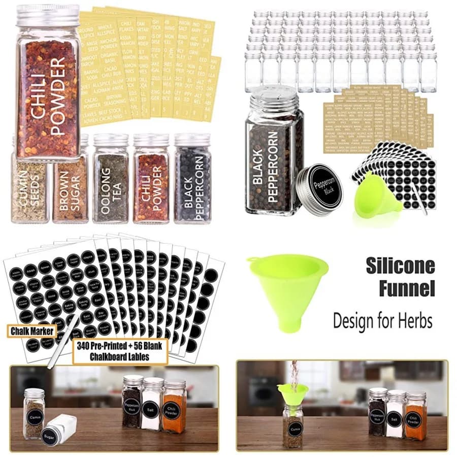 Set Completo di Barattoli in Vetro per Spezie con 703 Etichette, Pennarello e Imbuto. Barattoli di Vetro Quadrati da 4oz, con Tappo Ermetico, per Versare/Setacciare