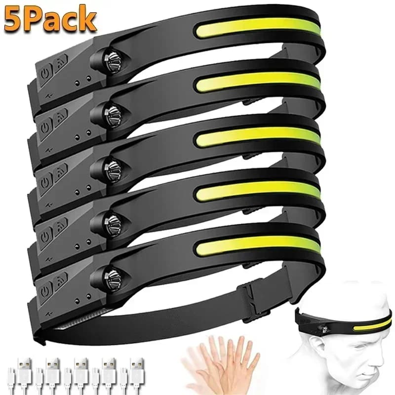 Fari a induzione Lampada frontale con sensore LED COB Torcia con batteria incorporata Torcia frontale ricaricabile USB 5 modalità di illuminazione Faro