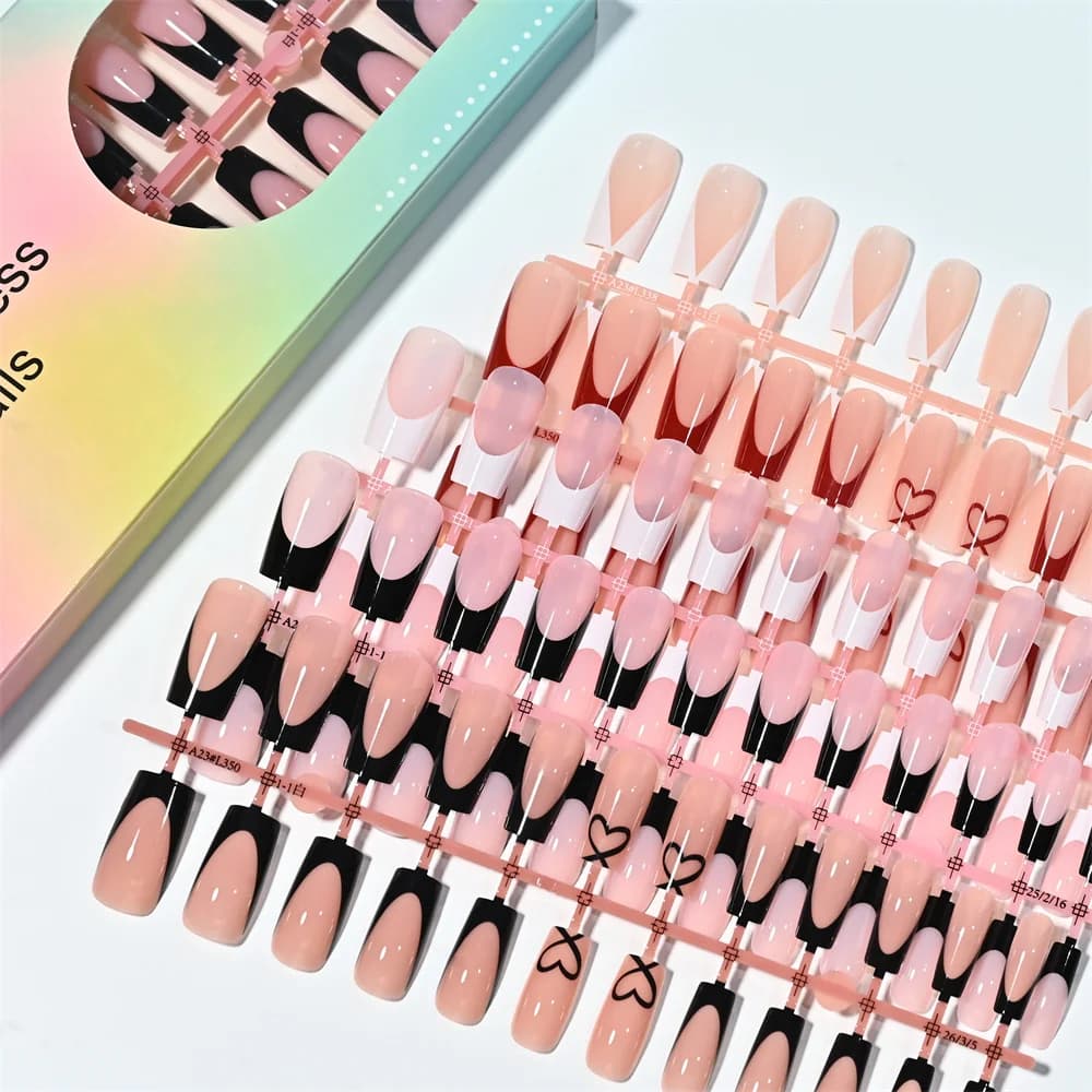 120Pcs Medium Square French Press On Nails Black Red Line Heart Fake Nails Tips Chic Minimalist Style Reusable False Fingertips