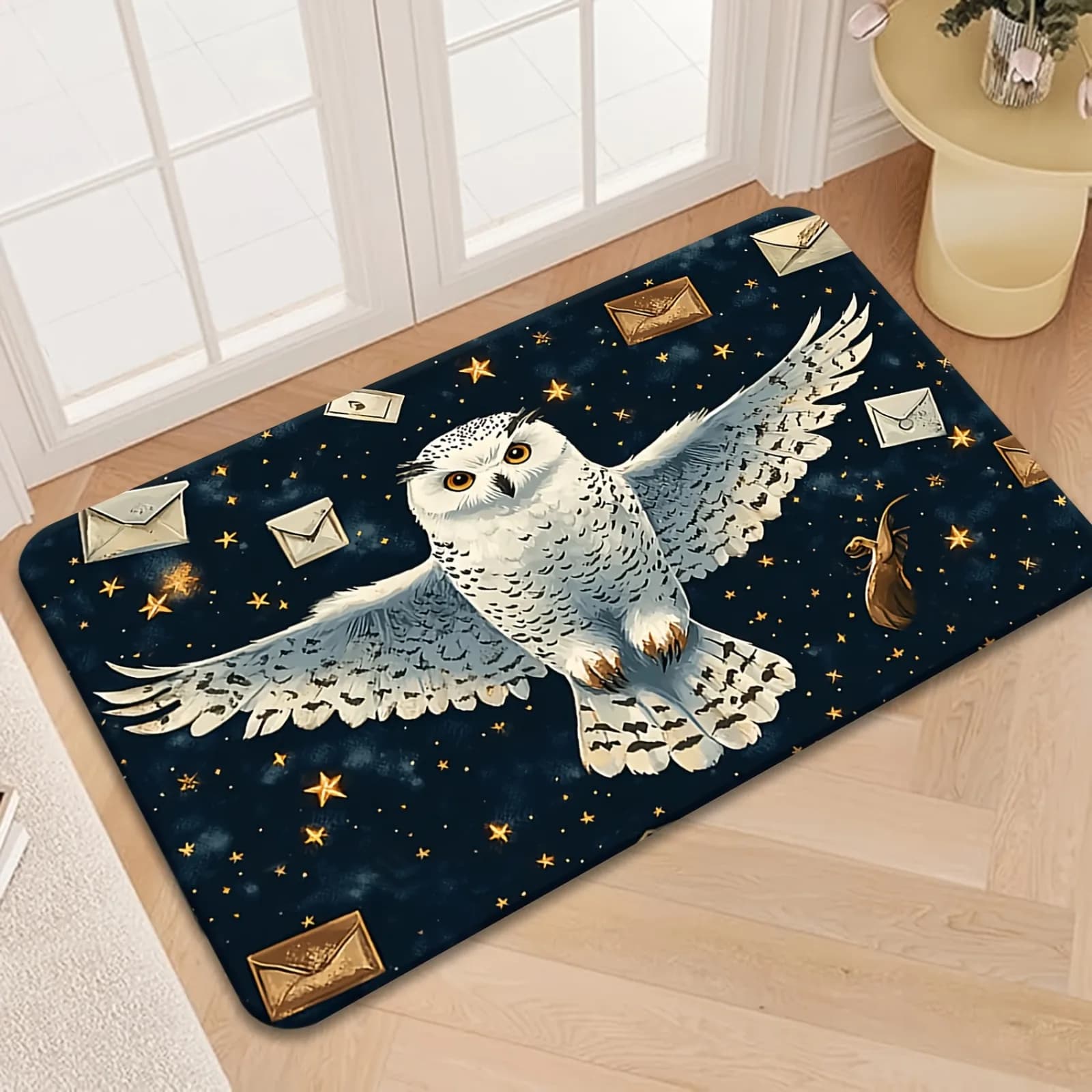 1pc Ultra-Soft Flannel Mat with Whimsical Owl and Starry Sky Design, Machine Washable - Suitable for Kitchen, Dining Room, Hallway, Bathroom, Bedroom, Study, Computer Room, and Indoor/Outdoor Doormat. Perfect for Home Decor in Bedrooms,