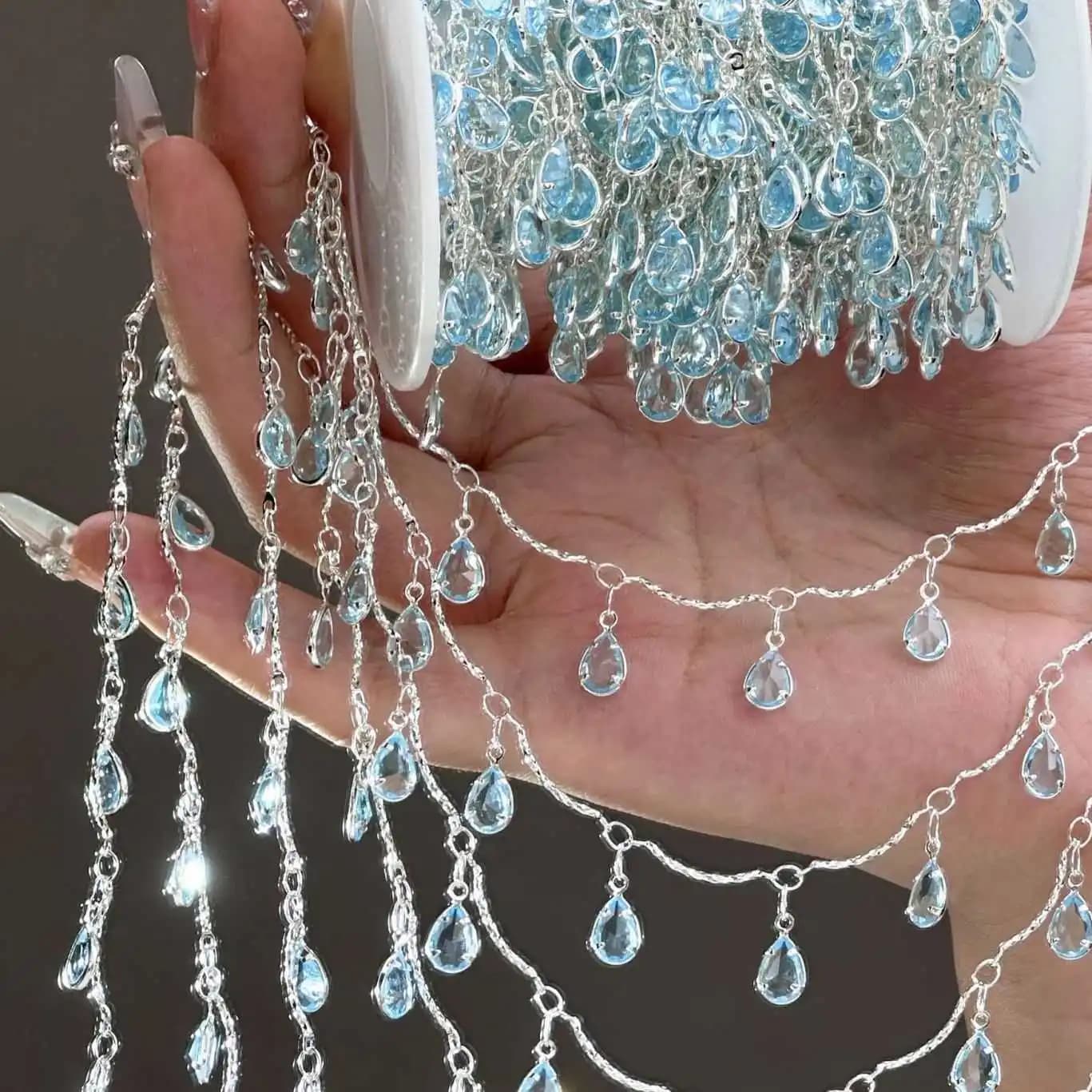 Water drop chain with zircons, handmade, from 0.5/1/2 m/lot, for DIY bracelets, necklaces, clothing accessories and hair crowns.