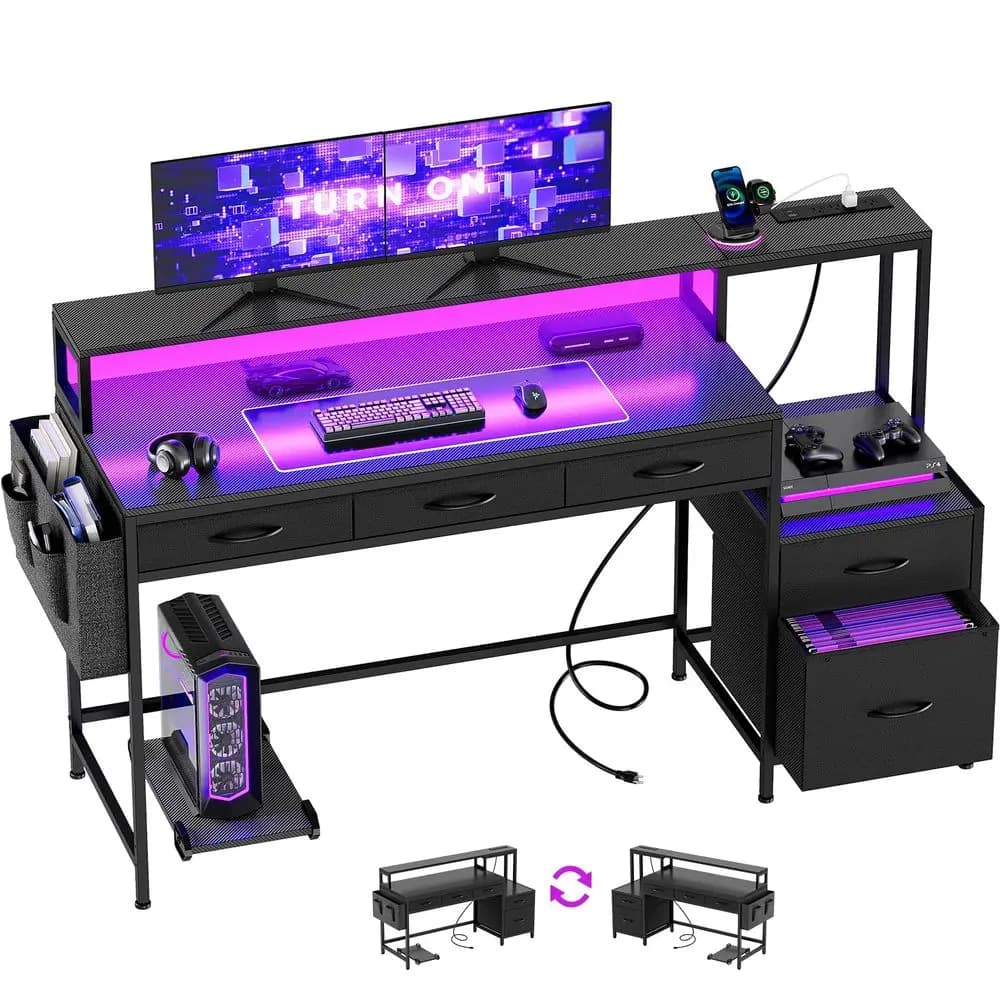 61 Inch Gaming Desk with Charging Station and LED Lights, Computer Reversible Desk with Storage Box and Monitor Support, Modern