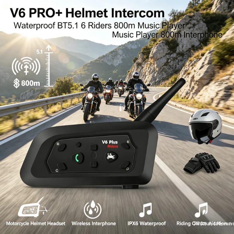 Houtonsen S3 Bike Helmet Intercom Headset, BT5.0 1000M 6‑Users, Waterproof Bluetooth Speaker with RGB LED Lamp for Riding