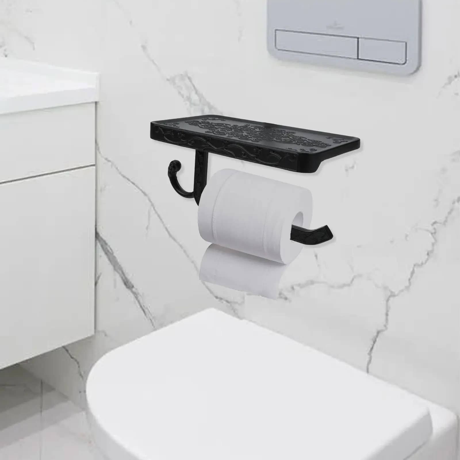 Black Wall Mounted Toilet Paper Holder Multipurpose Roll Paper Rack for Bathroom Kitchen Space Saving Stylish Modern Design