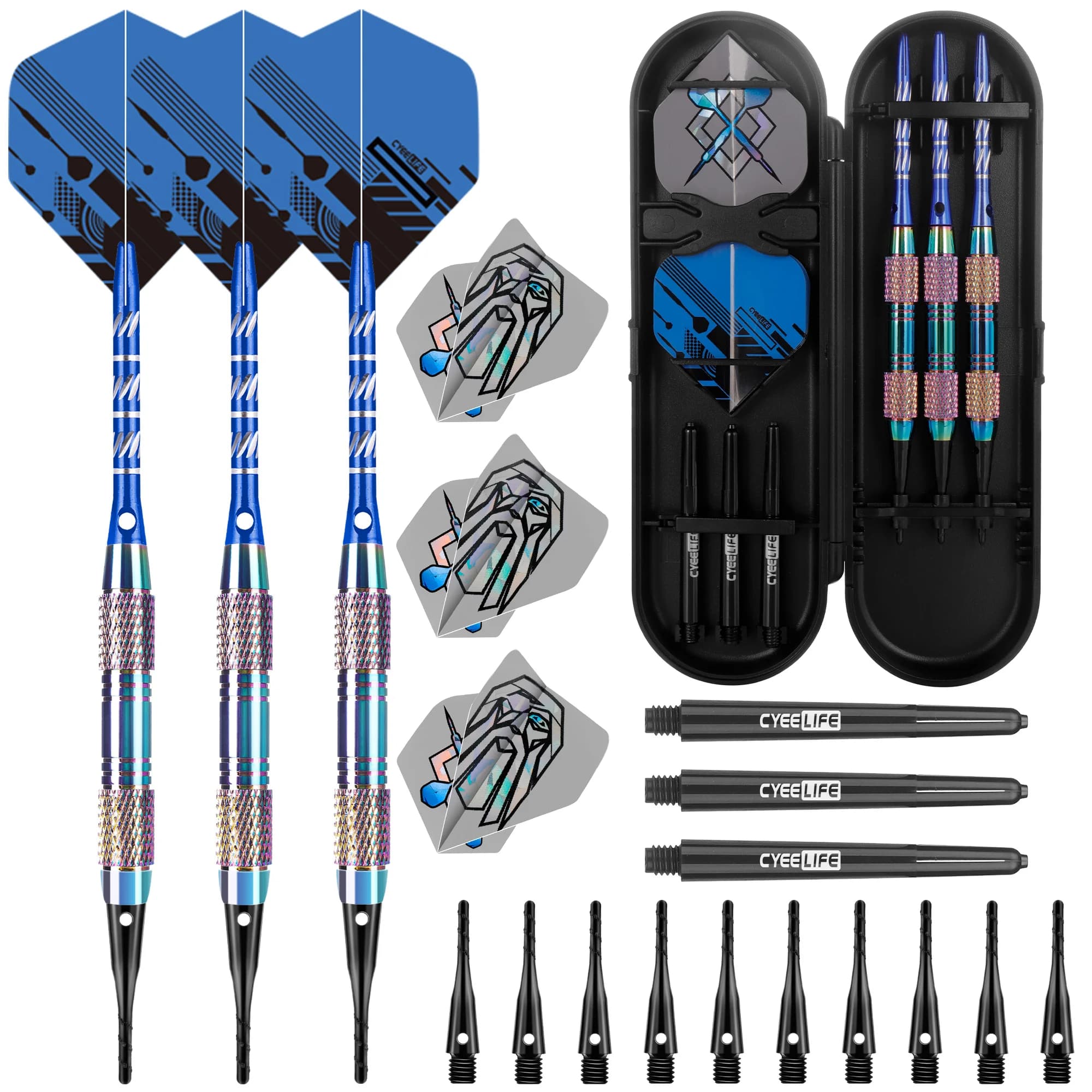 CyeeLife Set di freccette con punta morbida di fascia alta da 18 g Volo standard in PET, aste per freccette in alluminio Punta in plastica con scatola di immagazzinaggio per principianti