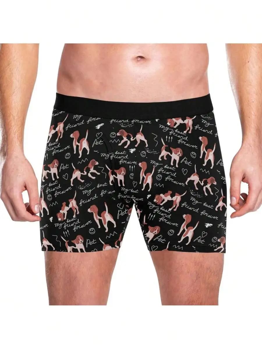 Mens Boxer Shorts Soft 100% Polyester Stretch Inseam Briefs With Fly Funny Dog Print Novelty Underwear
