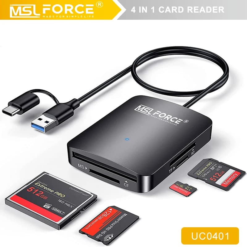 Lettore di schede di memoria USB 3.0 USB C 4 in 1 Adattatore per schede flash compatto SD TF CF MS con accesso parallelo a 4 slot 5 Gbps Lettura scrittura