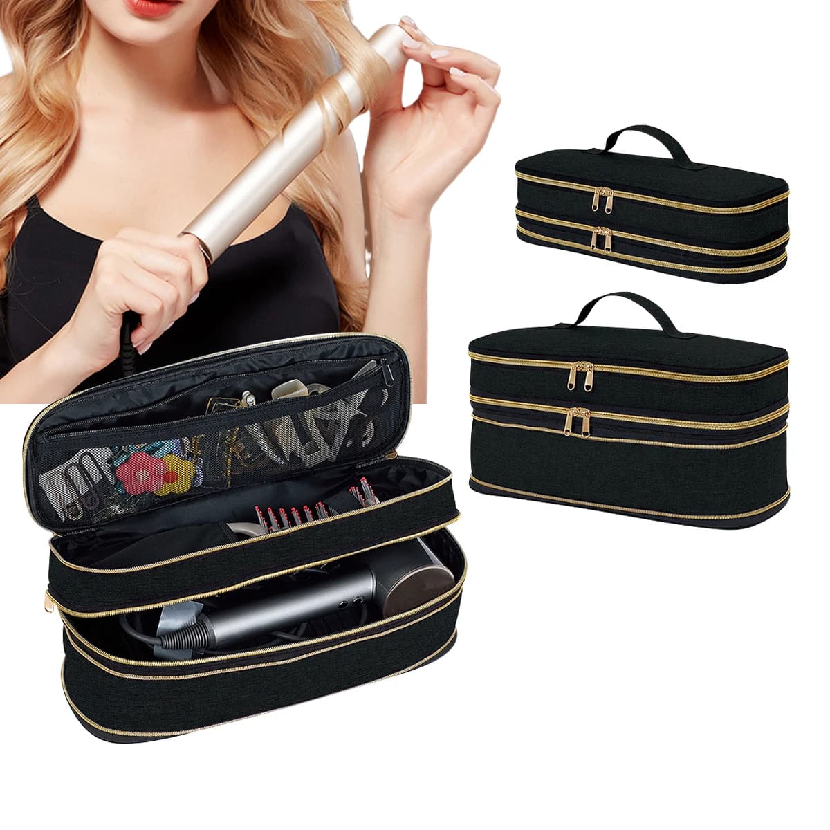 Travel bag for hair dryer, double-layer portable bag for curling iron, slim expandable portable travel bag for D