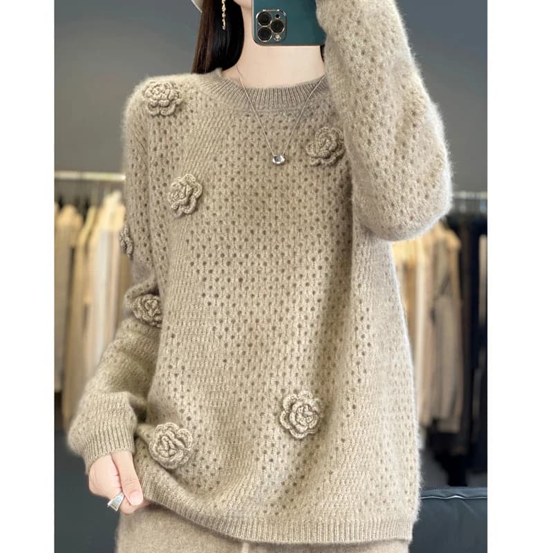 Maglione da donna in lana 100% fatto a mano con gancio fiore girocollo scava fuori inverno addensare top larghi per ragazza 2025 Nuovo