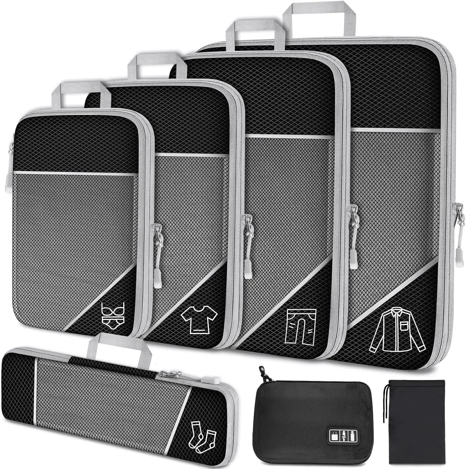 Set di 7 Cubi di Compressione Espandibili con Rete, Organizzatori per Valigie e Borsa per Cavi e Caricabatterie, Nero