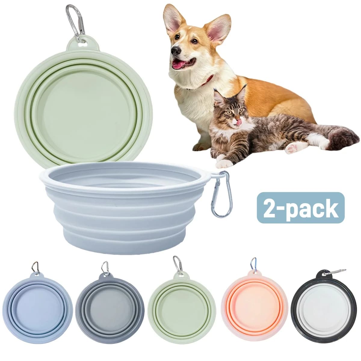 2 Pezzi Ciotola Pieghevole in Silicone per Cani, per Cibo e Acqua, Portatile per Campeggio e Viaggi, con Moschettone