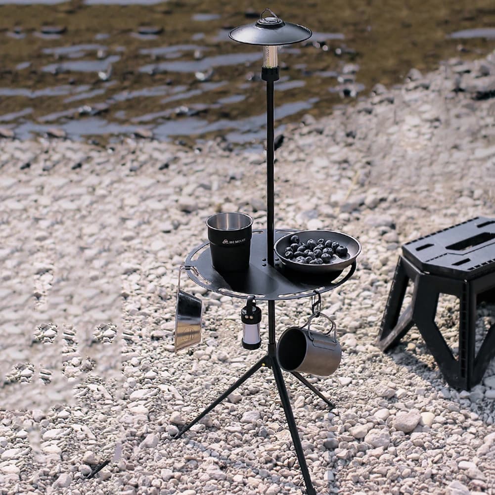 Tavolo da picnic pieghevole telescopico Tavolo da campeggio rotondo resistente e portante con borsa portaoggetti per treppiede con palo luminoso per escursioni picnic barbecue