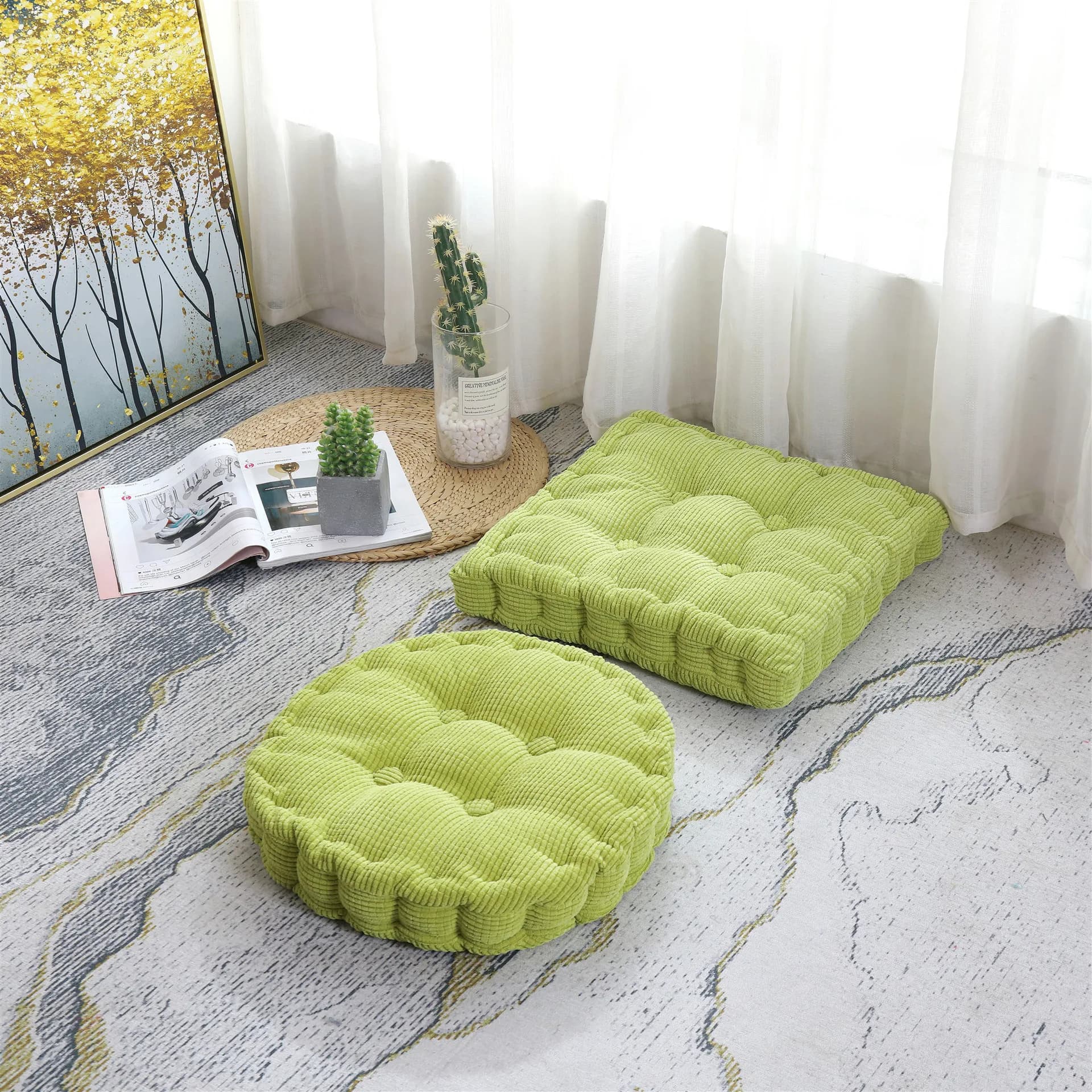 Green Gift Tatami Seating Cushion Thickened Corn Velvet Floor Seat Pillow for Office Home Sofas Office Chair Meditation Cushion