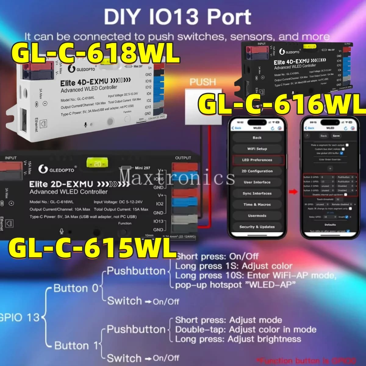 GL-C-615WL/ Elite GL-C-616WL ESP32 WLED LED Strip Light Controller Advanced DIY Light Digital GL-C-618WL/GL-SW-001/GL-RC-001WL