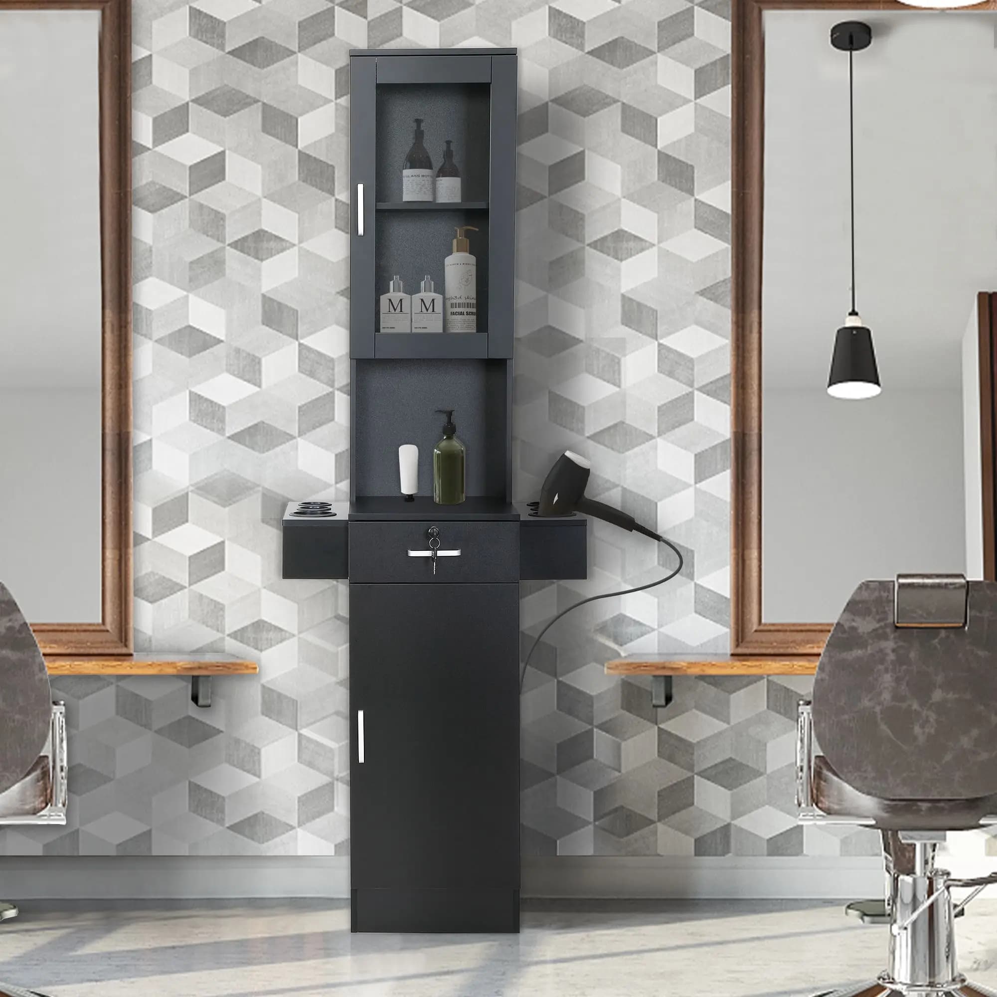 Wall Mounted Black Wood Hair Styling Salon Furniture Barber Station with Glass Door Locking Drawer Dryer Holder Storage Cabinets